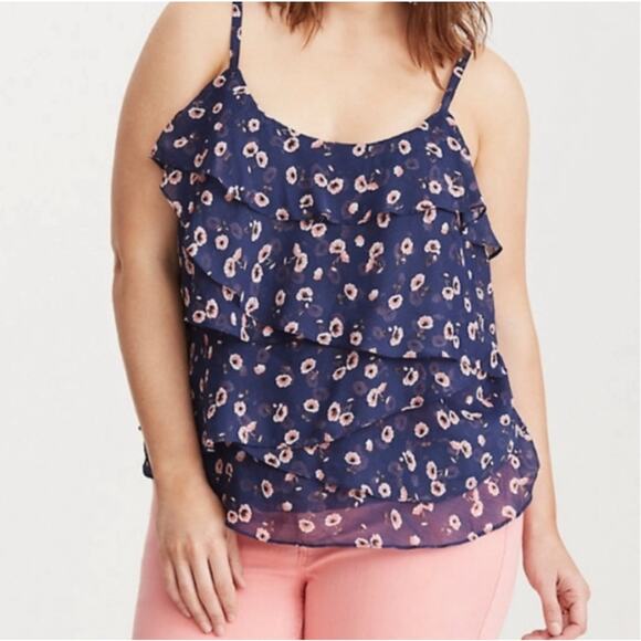 Torrid Floral Ruffle Chiffon Banded Bottom Cami Top Navy Size 1 (1X) - Picture 1 of 8